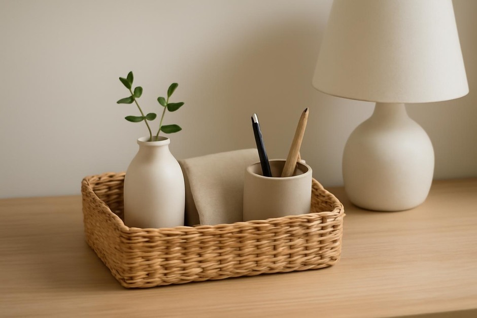 A small basket with tidy items on a clean tabletop