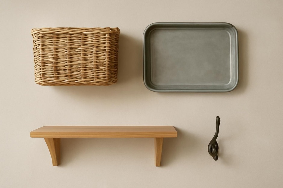 A basket, metal tray, wooden shelf, and wall hook displayed together