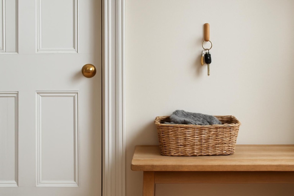 A tidy entryway with a small basket and a hook for keys